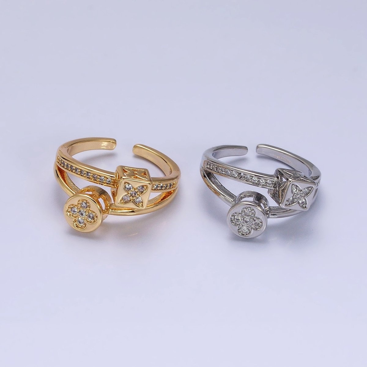 16K Gold Filled Flower Clover Quatrefoil Bead Double Band Micro Paved CZ Ring in Gold & Silver | O-1615 O-1616