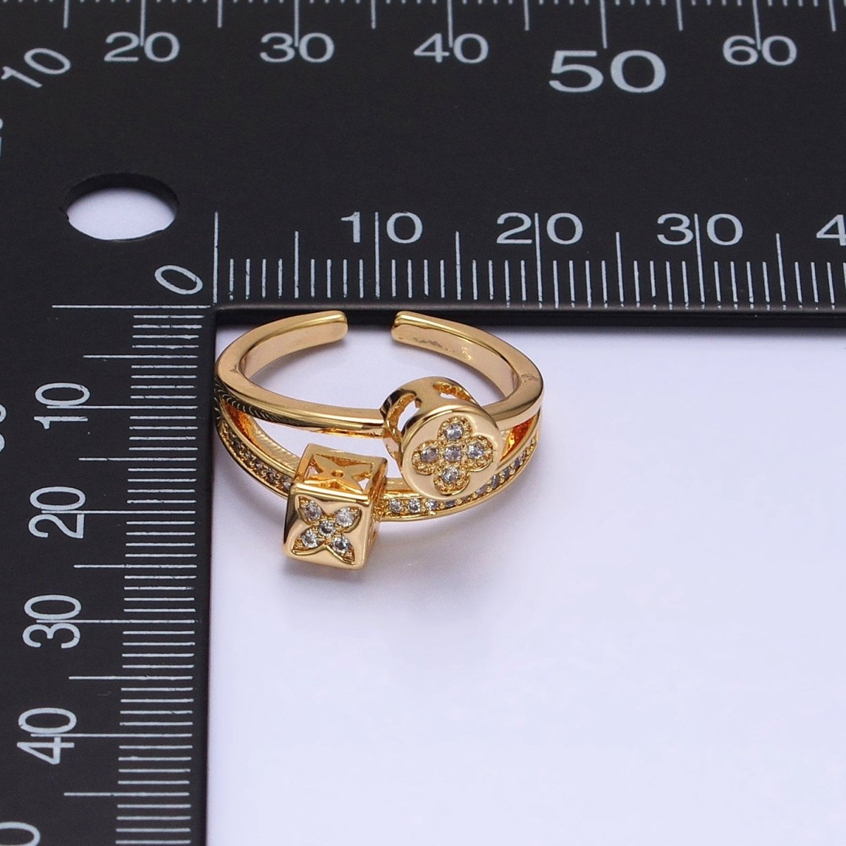 16K Gold Filled Flower Clover Quatrefoil Bead Double Band Micro Paved CZ Ring in Gold & Silver | O-1615 O-1616