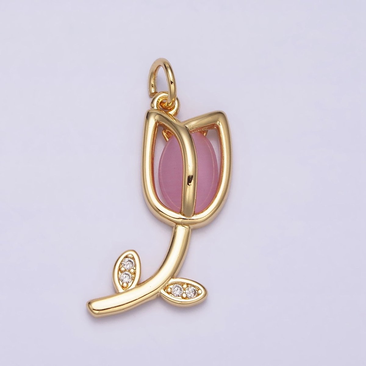 16K Gold Filled Flower Tulip Rose White, Blue, Pink Cat Eye Cabochon Charm in Gold & Silver | AC1073 - AC1078