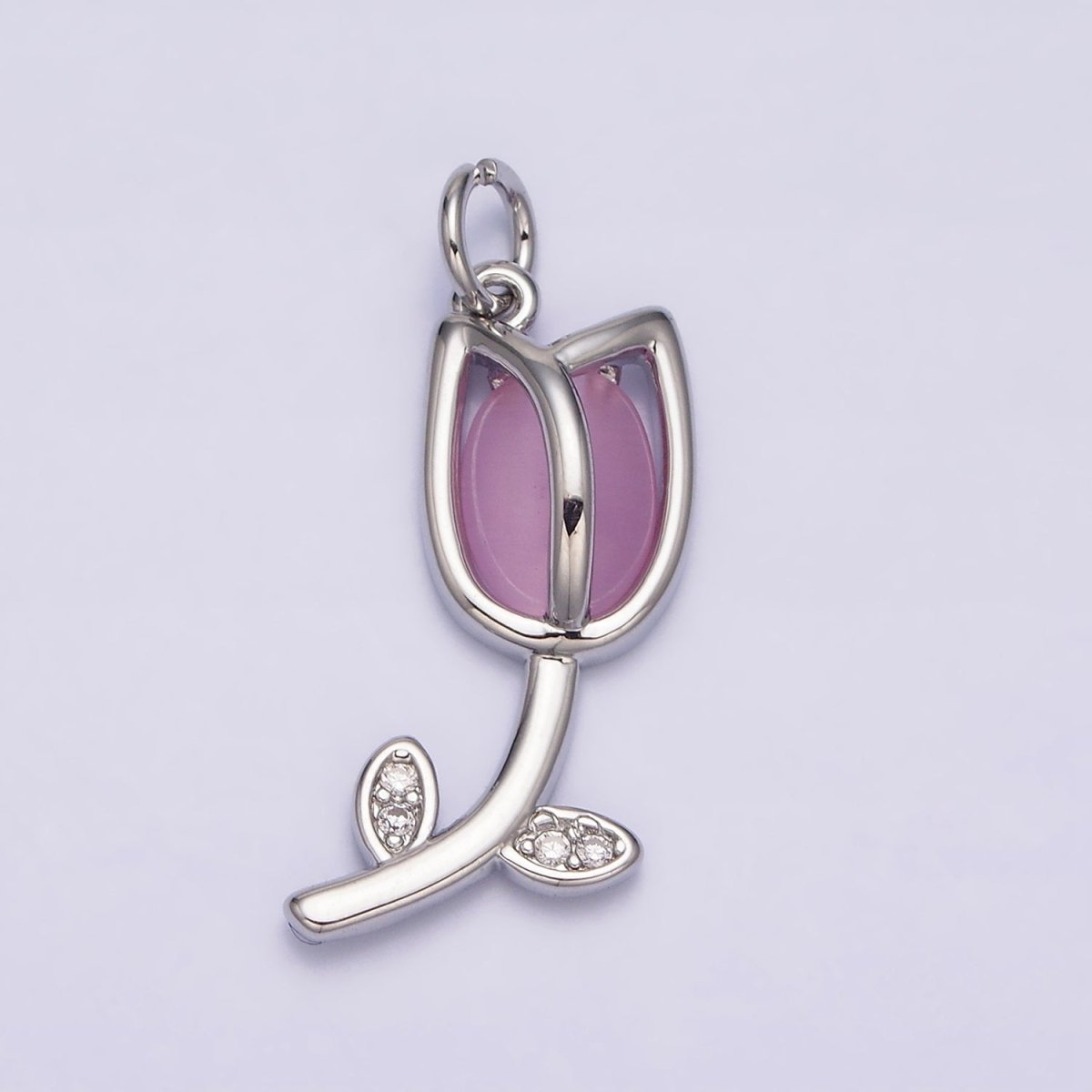 16K Gold Filled Flower Tulip Rose White, Blue, Pink Cat Eye Cabochon Charm in Gold & Silver | AC1073 - AC1078