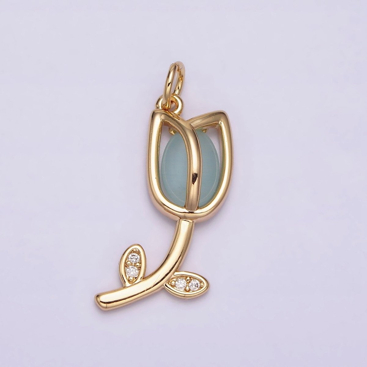 16K Gold Filled Flower Tulip Rose White, Blue, Pink Cat Eye Cabochon Charm in Gold & Silver | AC1073 - AC1078