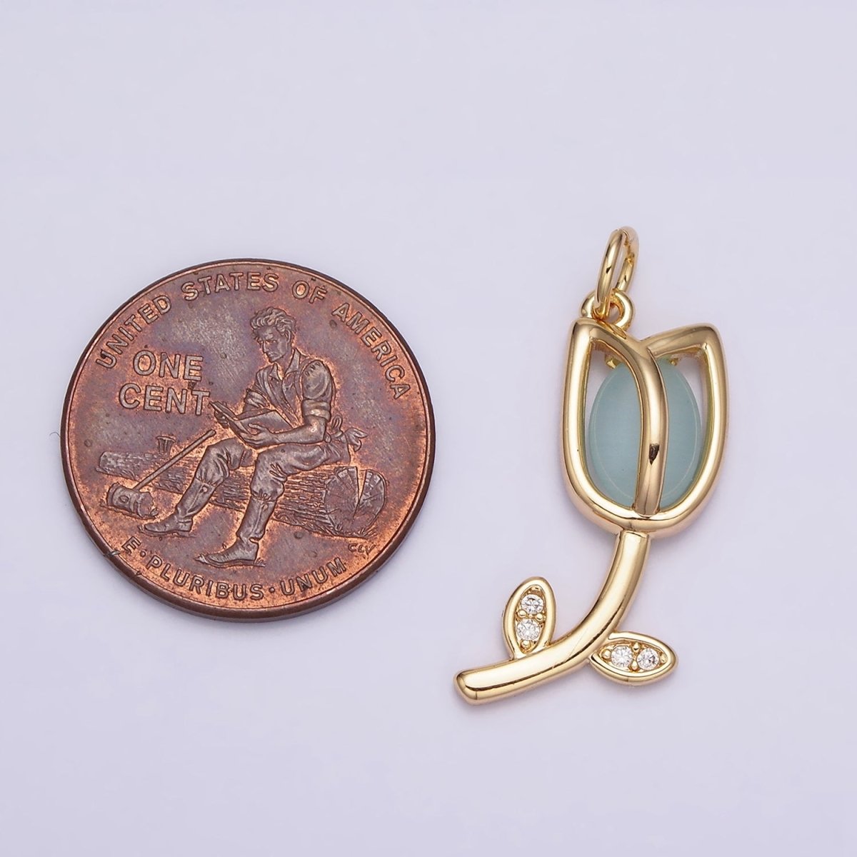 16K Gold Filled Flower Tulip Rose White, Blue, Pink Cat Eye Cabochon Charm in Gold & Silver | AC1073 - AC1078
