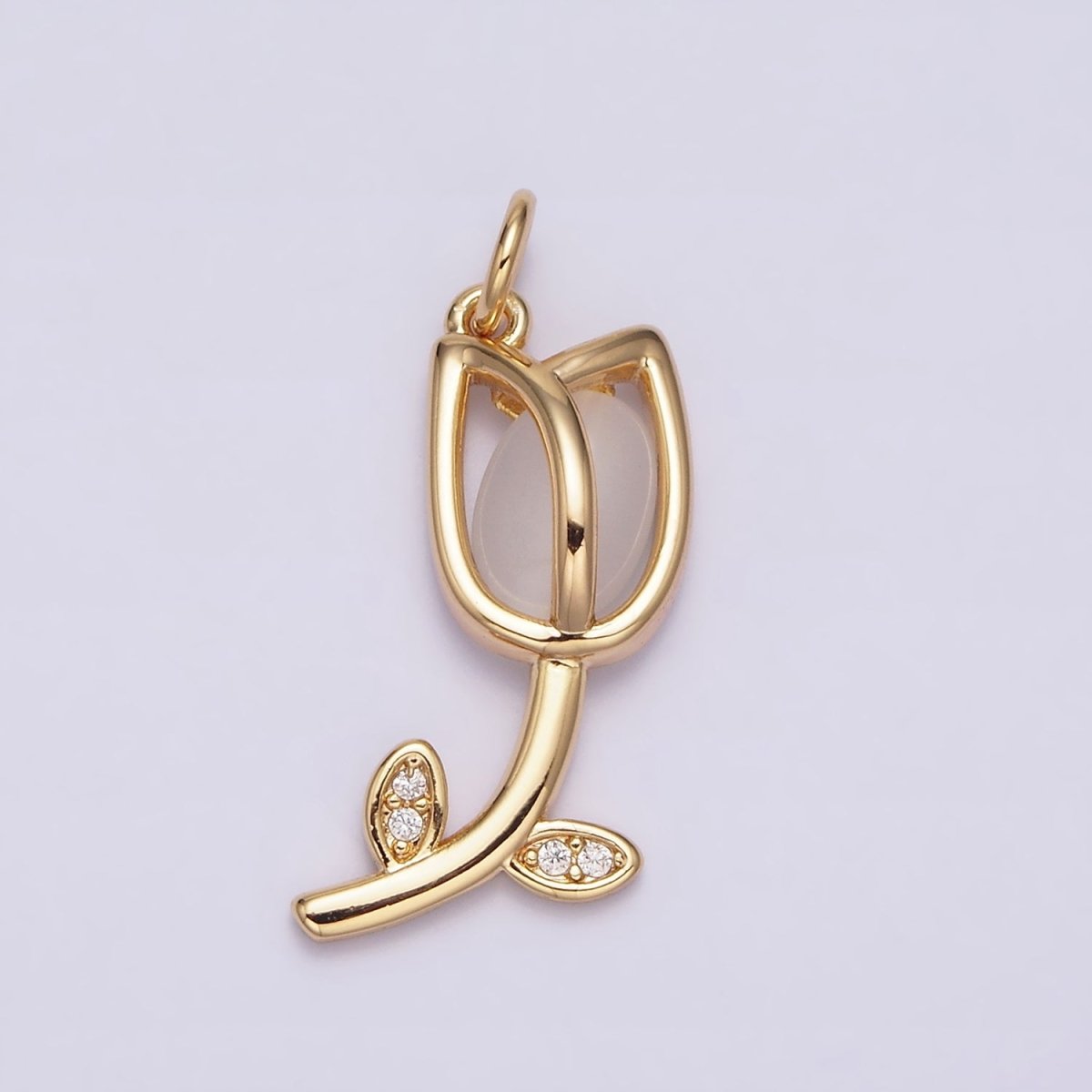 16K Gold Filled Flower Tulip Rose White, Blue, Pink Cat Eye Cabochon Charm in Gold & Silver | AC1073 - AC1078