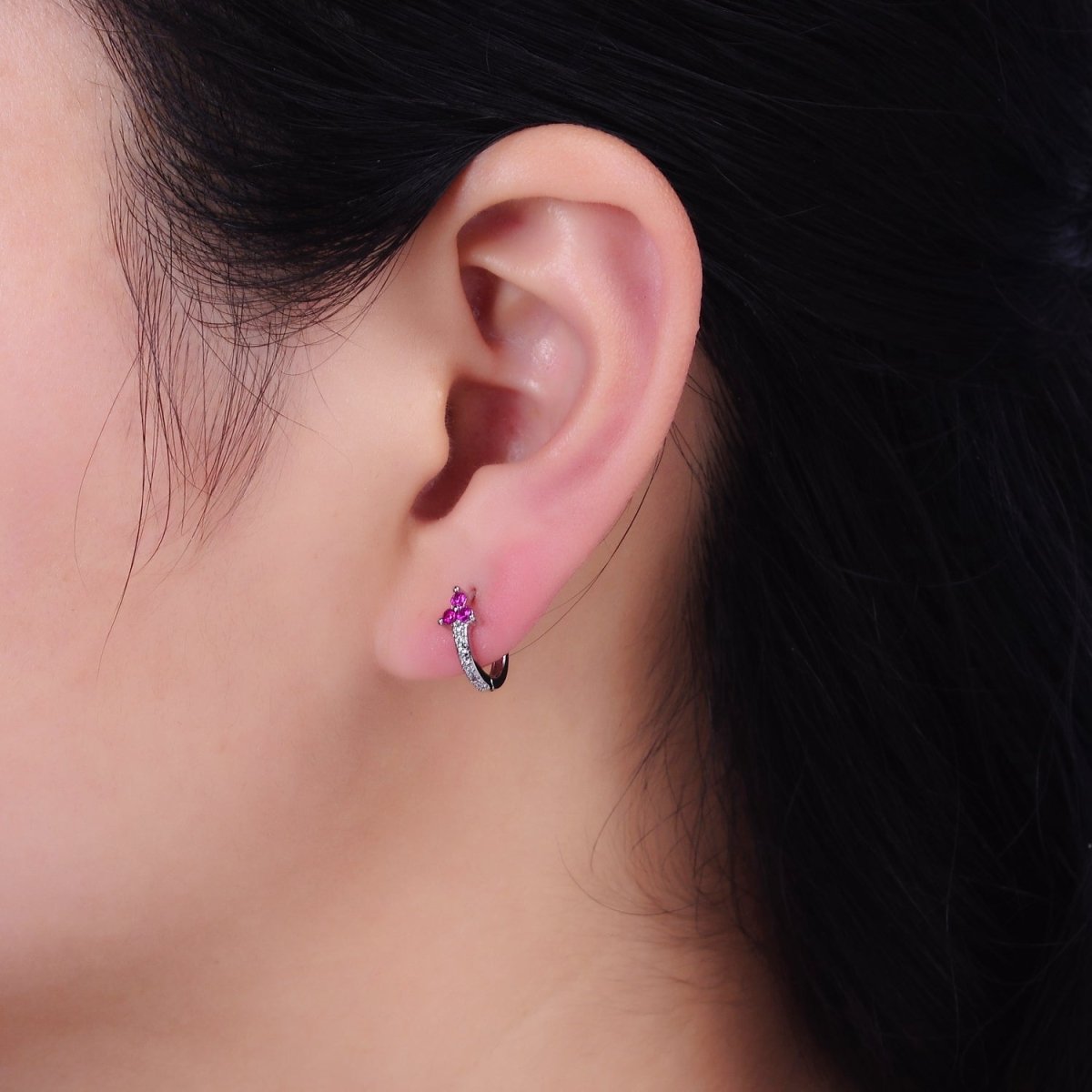 16K Gold Filled Fuchsia CZ Triple Flower Arrow Lined 11mm Cartilage Huggie Earrings in Silver & Gold | AD-409 AD-1285