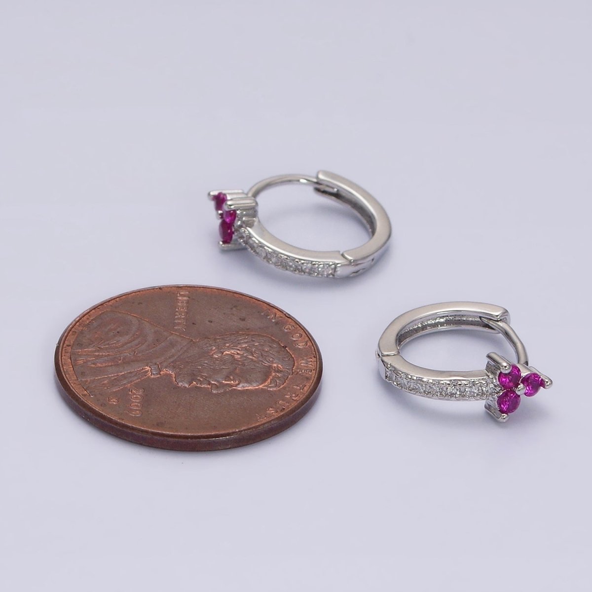 16K Gold Filled Fuchsia CZ Triple Flower Arrow Lined 11mm Cartilage Huggie Earrings in Silver & Gold | AD-409 AD-1285