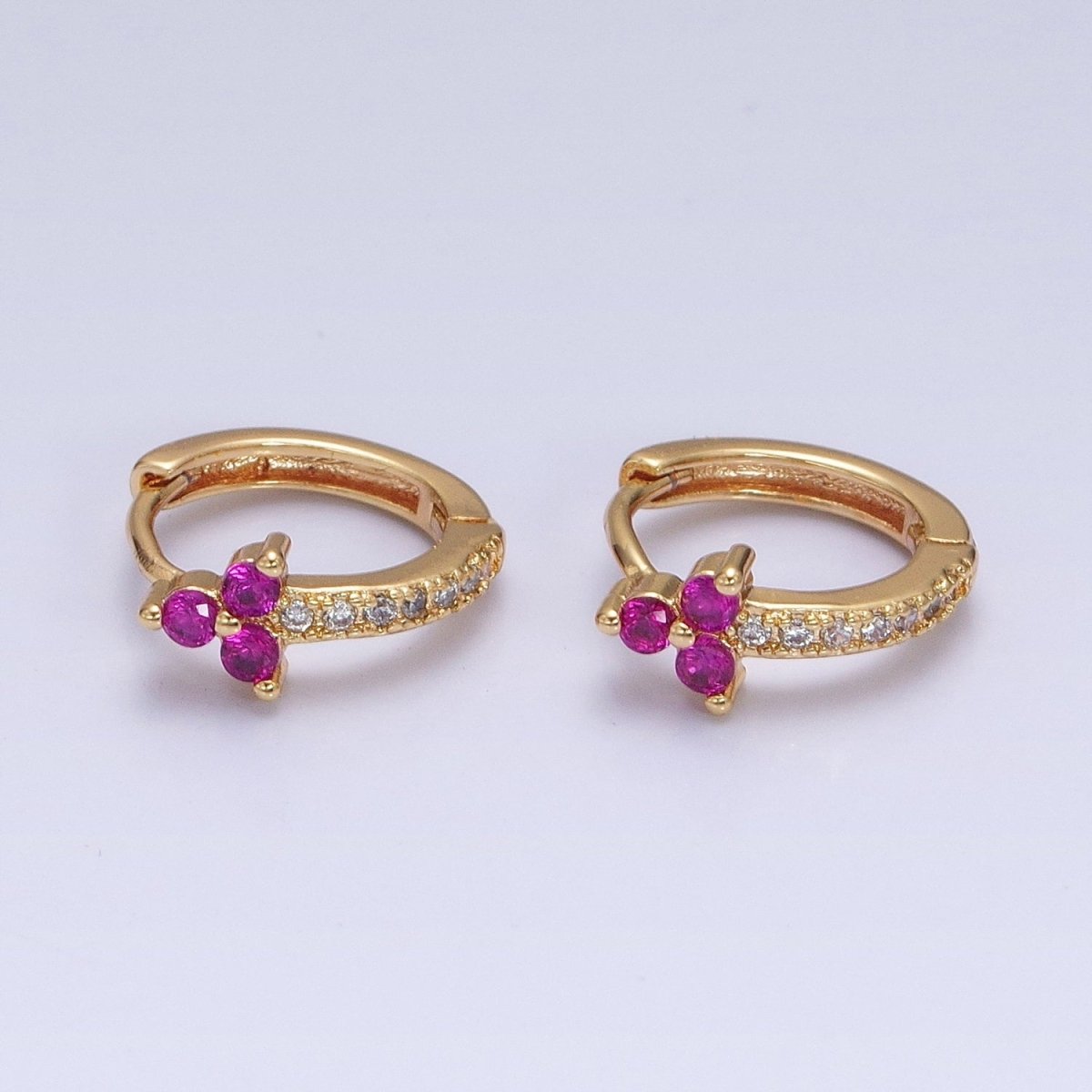 16K Gold Filled Fuchsia CZ Triple Flower Arrow Lined 11mm Cartilage Huggie Earrings in Silver & Gold | AD-409 AD-1285