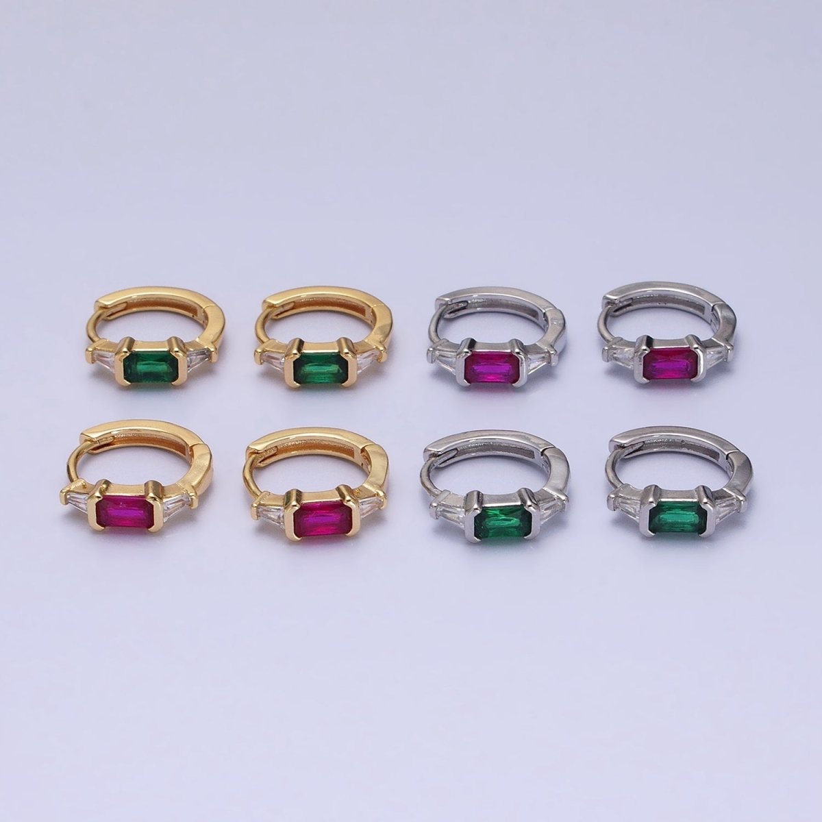 16K Gold Filled Fuchsia, Green Baguette Triangle CZ Huggie Earrings in Gold & Silver | AD867 - AD870