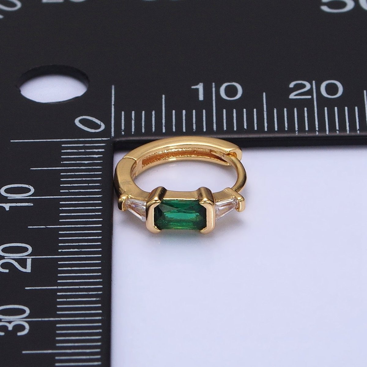 16K Gold Filled Fuchsia, Green Baguette Triangle CZ Huggie Earrings in Gold & Silver | AD867 - AD870