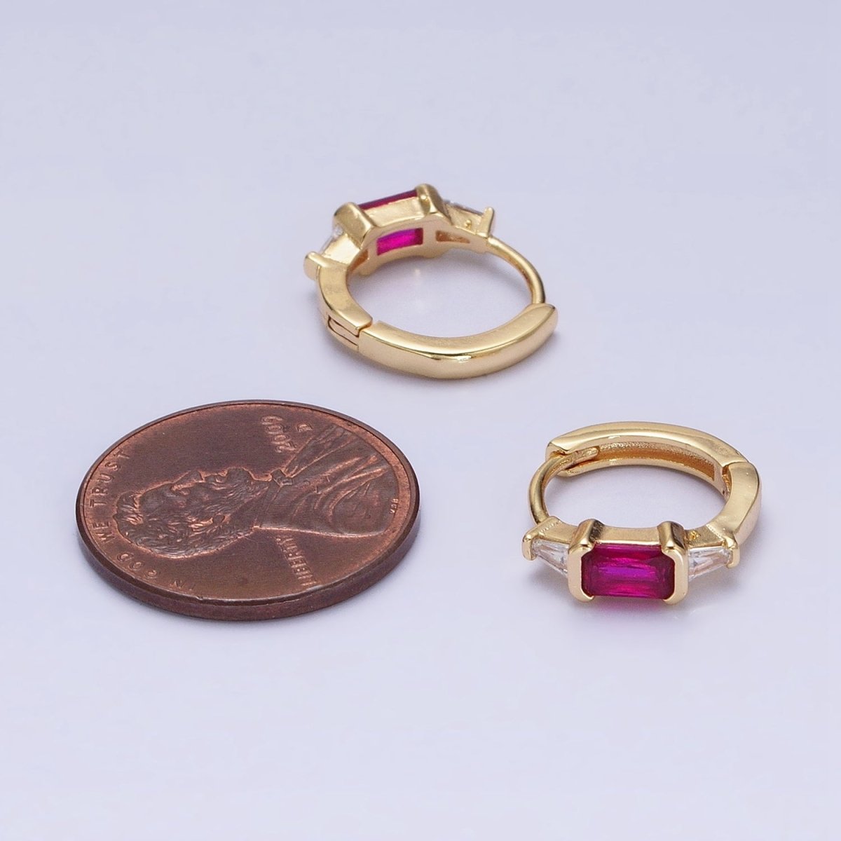 16K Gold Filled Fuchsia, Green Baguette Triangle CZ Huggie Earrings in Gold & Silver | AD867 - AD870