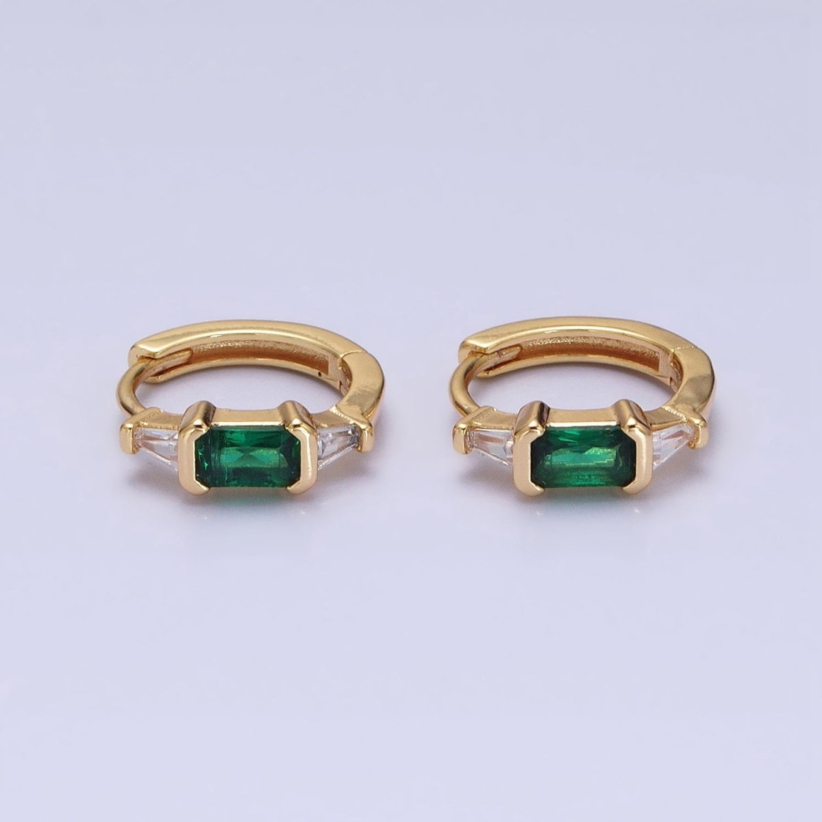 16K Gold Filled Fuchsia, Green Baguette Triangle CZ Huggie Earrings in Gold & Silver | AD867 - AD870