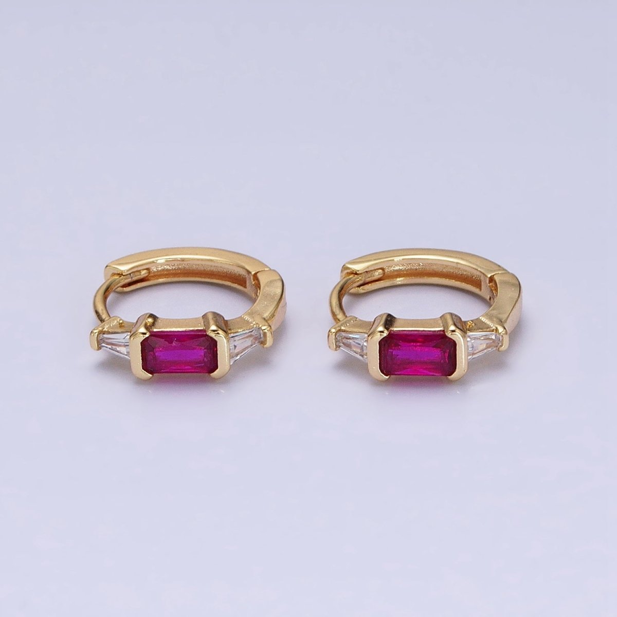 16K Gold Filled Fuchsia, Green Baguette Triangle CZ Huggie Earrings in Gold & Silver | AD867 - AD870