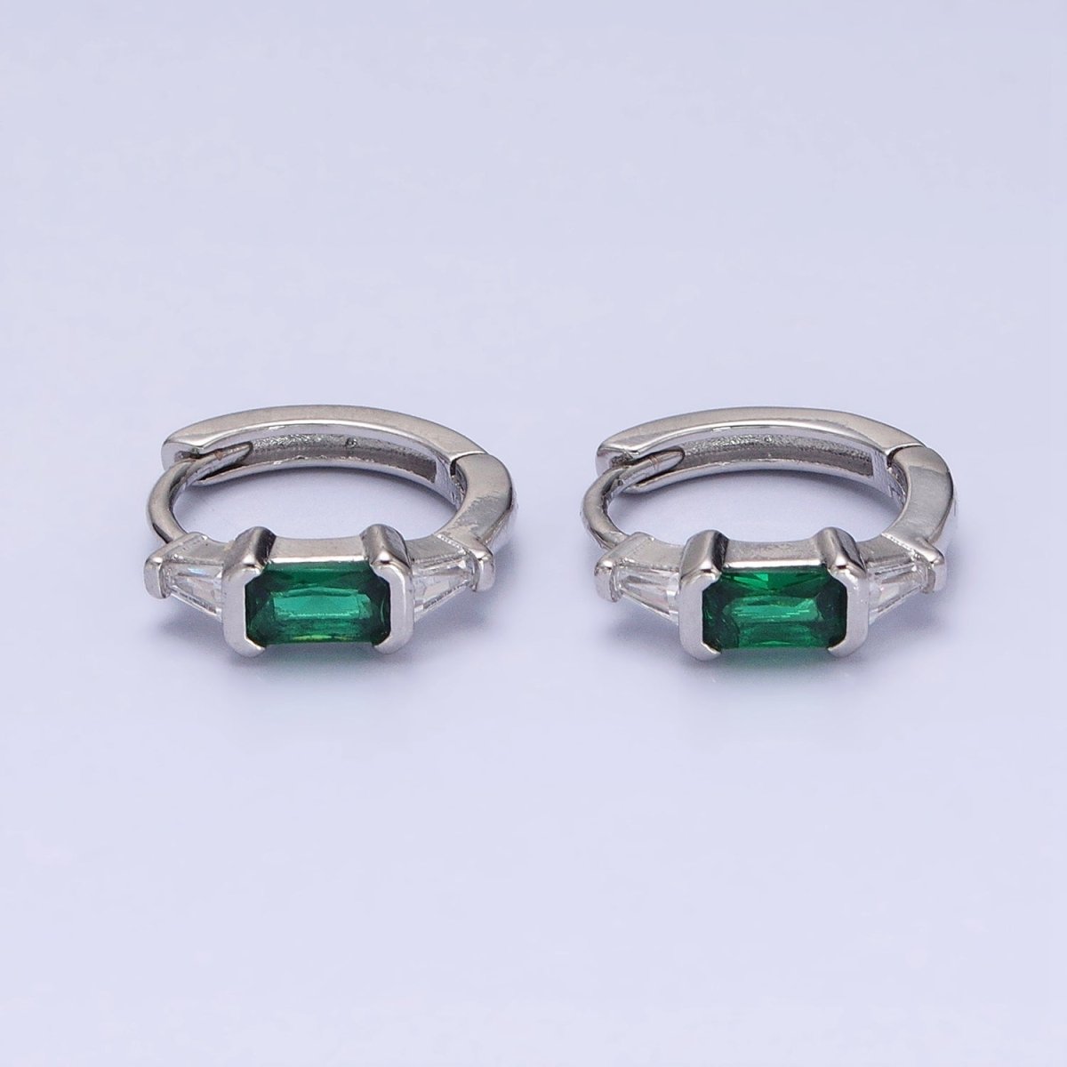 16K Gold Filled Fuchsia, Green Baguette Triangle CZ Huggie Earrings in Gold & Silver | AD867 - AD870