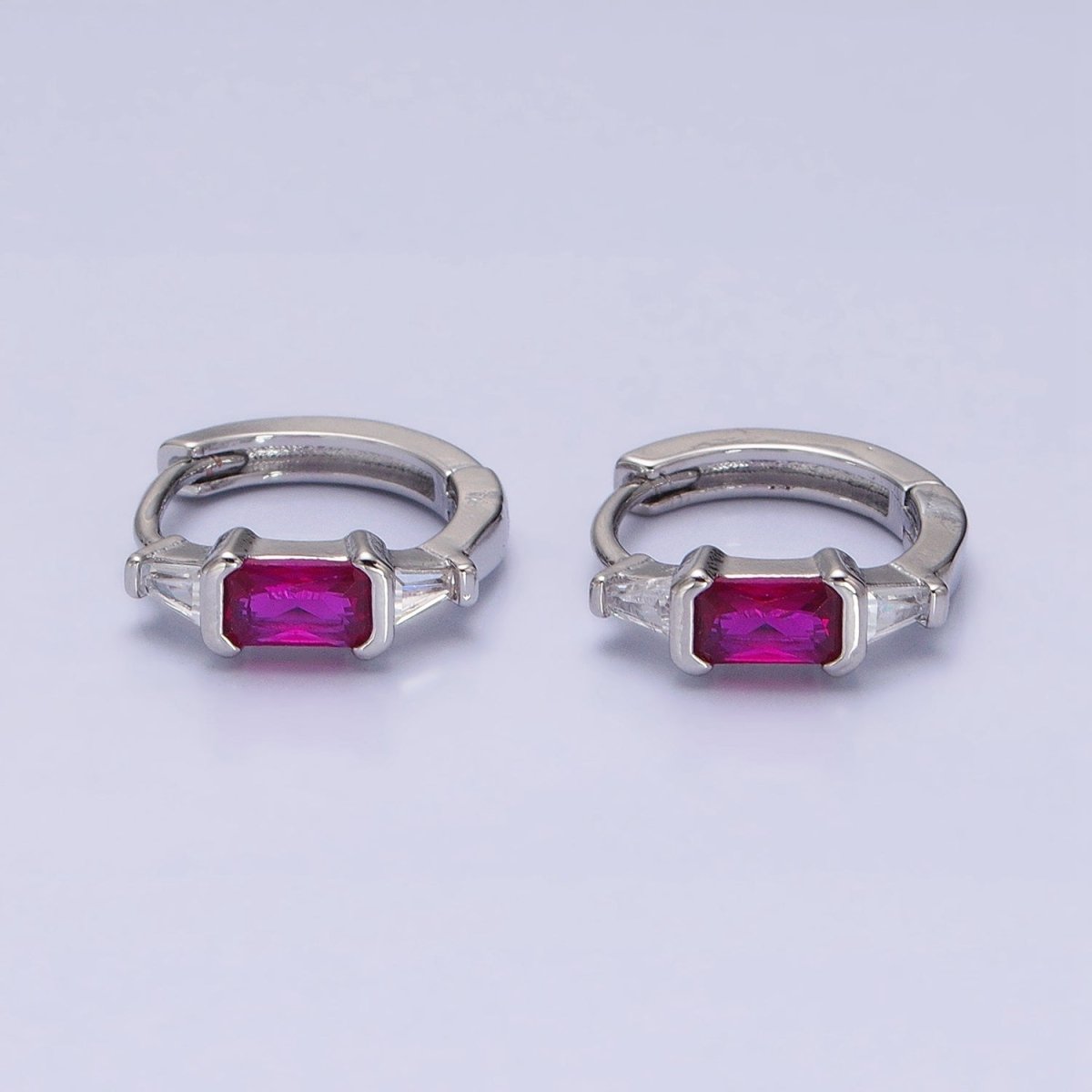 16K Gold Filled Fuchsia, Green Baguette Triangle CZ Huggie Earrings in Gold & Silver | AD867 - AD870