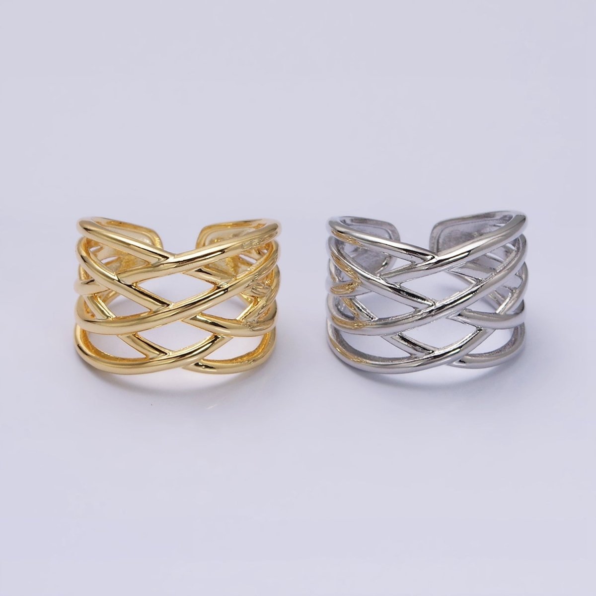 16K Gold Filled Geometric Multiple Band Statement Ring in Gold & Silver | O-1980 O-1981