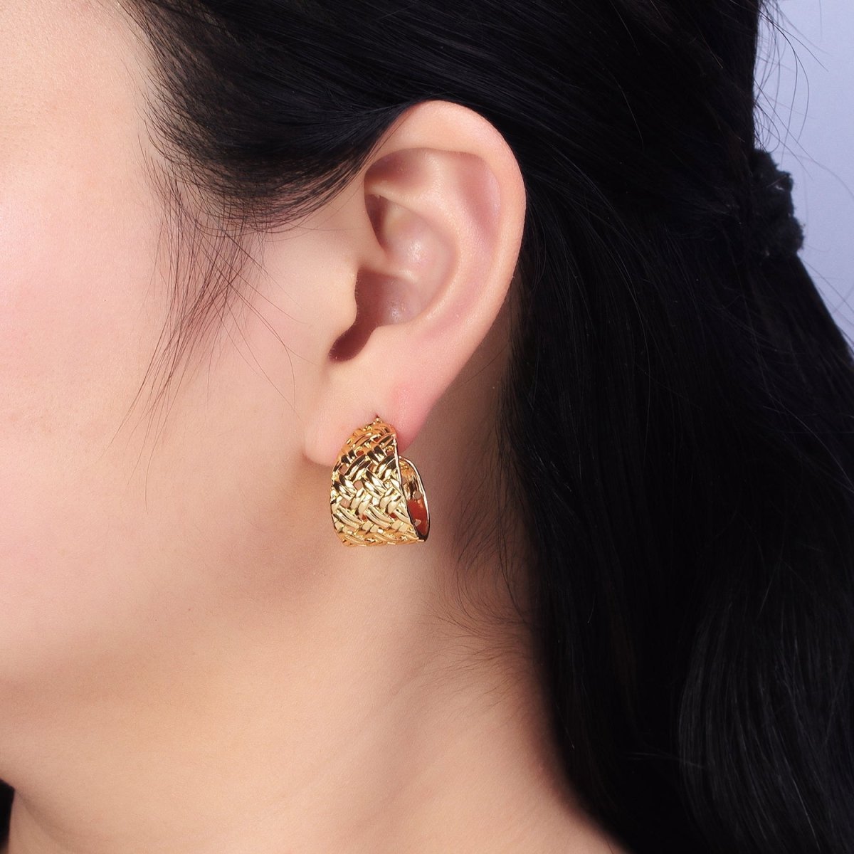 16K Gold Filled Geometric Rattan Textured C-Shaped 20mm Hoop Earrings in Gold & Silver | AB456 AD897