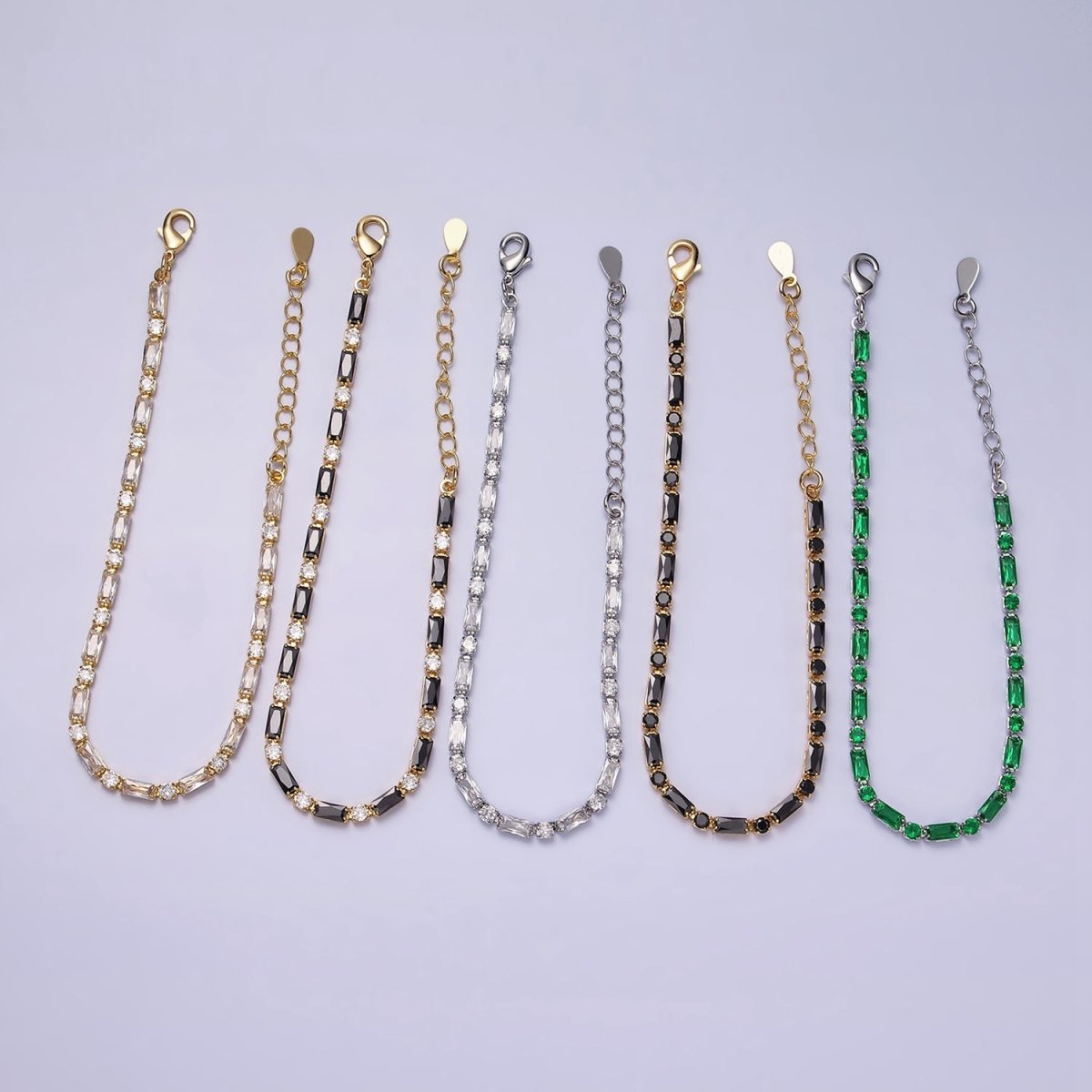 16K Gold Filled Green, Checkered, Black, Clear, Pink 2.5mm Baguette Round CZ 6.5 Inch Tennis Chain Bracelet | WA-1813 - WA-1831 Clearance Pricing