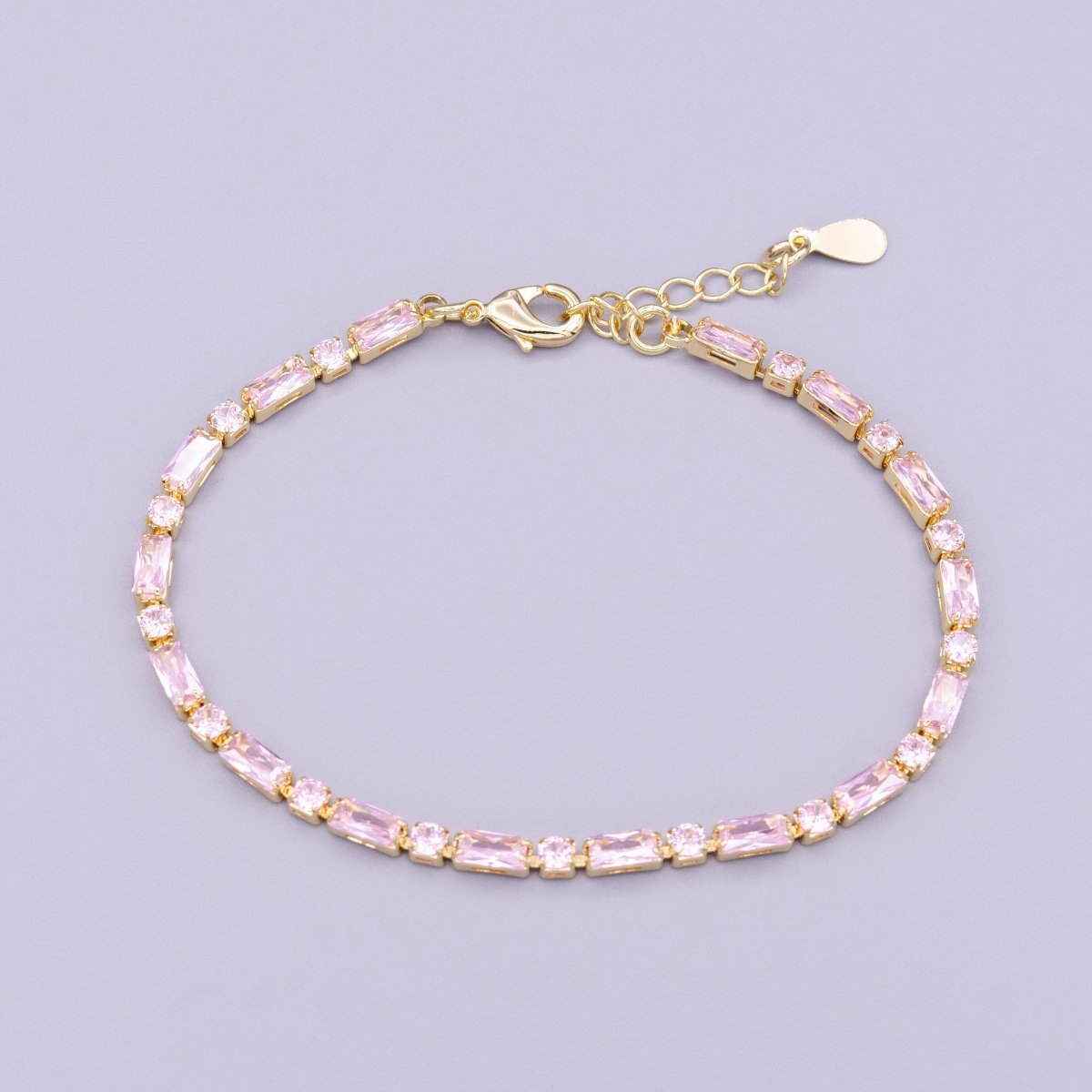 16K Gold Filled Green, Checkered, Black, Clear, Pink 2.5mm Baguette Round CZ 6.5 Inch Tennis Chain Bracelet | WA-1813 - WA-1831 Clearance Pricing