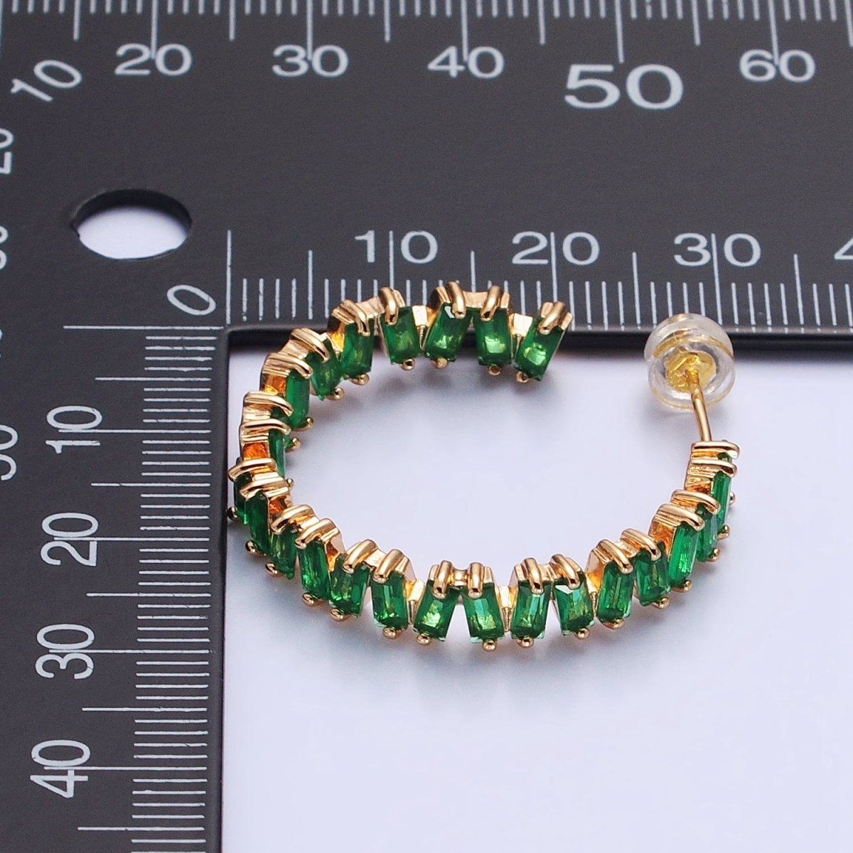 16K Gold Filled Green, Clear, Pink Baguette Zig-Zag Front Sided 30mm Circular Hoop Earrings  in Silver & Gold | AB855 - AB859
