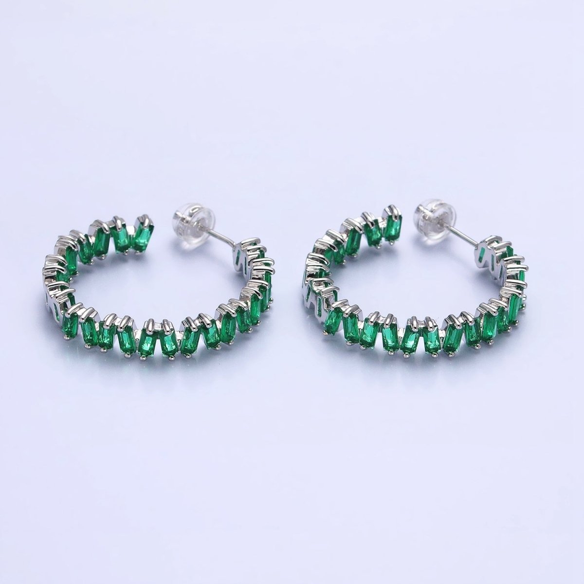 16K Gold Filled Green, Clear, Pink Baguette Zig-Zag Front Sided 30mm Circular Hoop Earrings  in Silver & Gold | AB855 - AB859