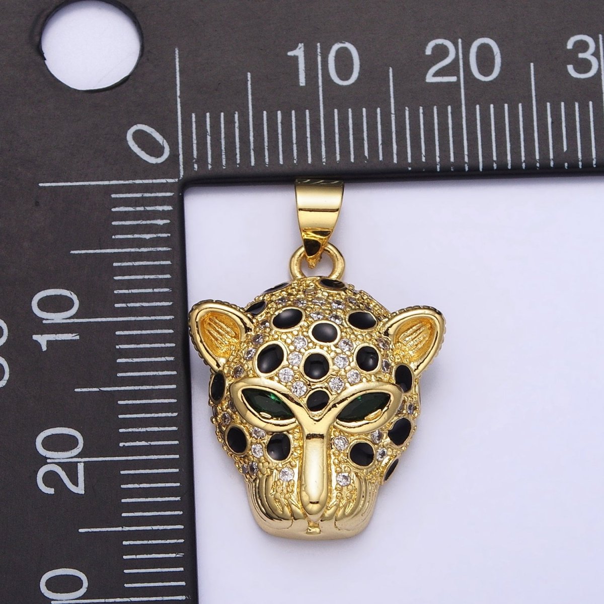 16K Gold Filled Green-Eyed CZ Jaguar Cheetah Black Enamel Micro Paved CZ Animal Pendant | AA509