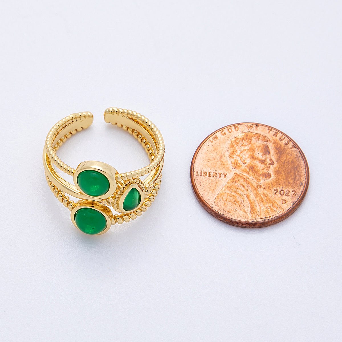 16K Gold Filled Green Gemstone Geometric Croissant Twist Triple Band Ring | Rings-00031