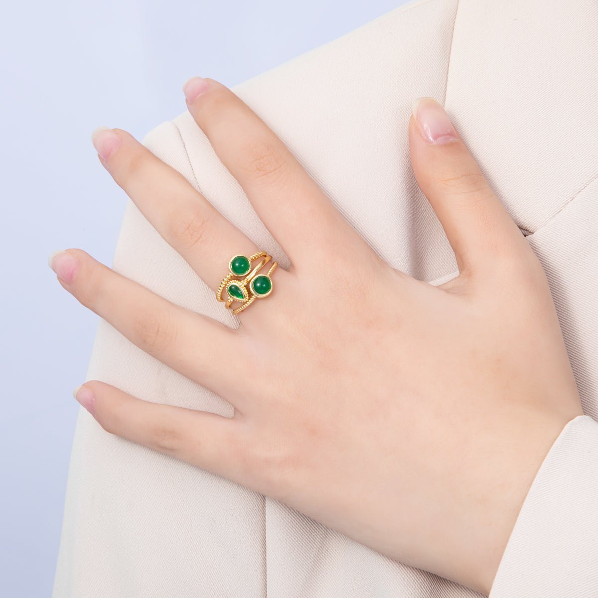 16K Gold Filled Green Gemstone Geometric Croissant Twist Triple Band Ring | Rings-00031