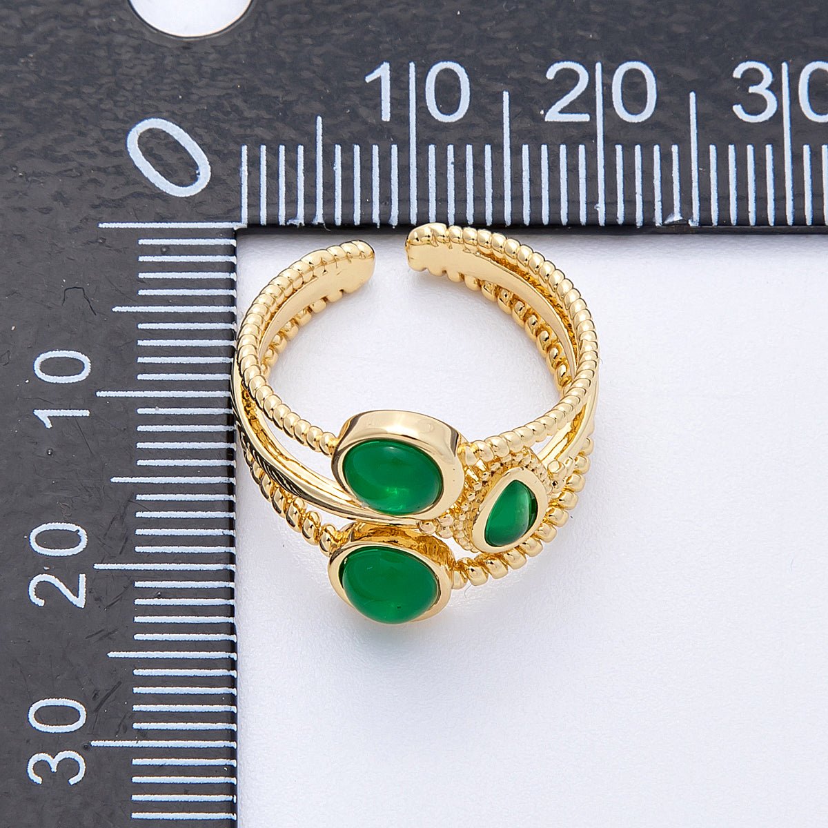 16K Gold Filled Green Gemstone Geometric Croissant Twist Triple Band Ring | Rings-00031