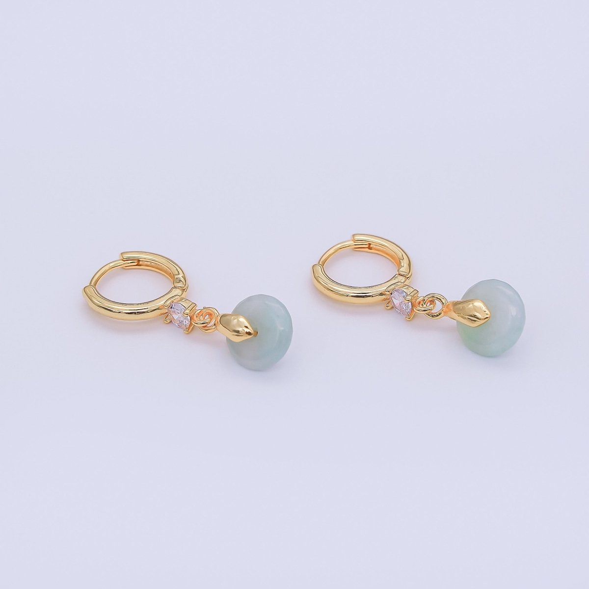 16K Gold Filled Green, White Jade Donut Round Drop Clear CZ Huggie Earrings | AE633 AE652