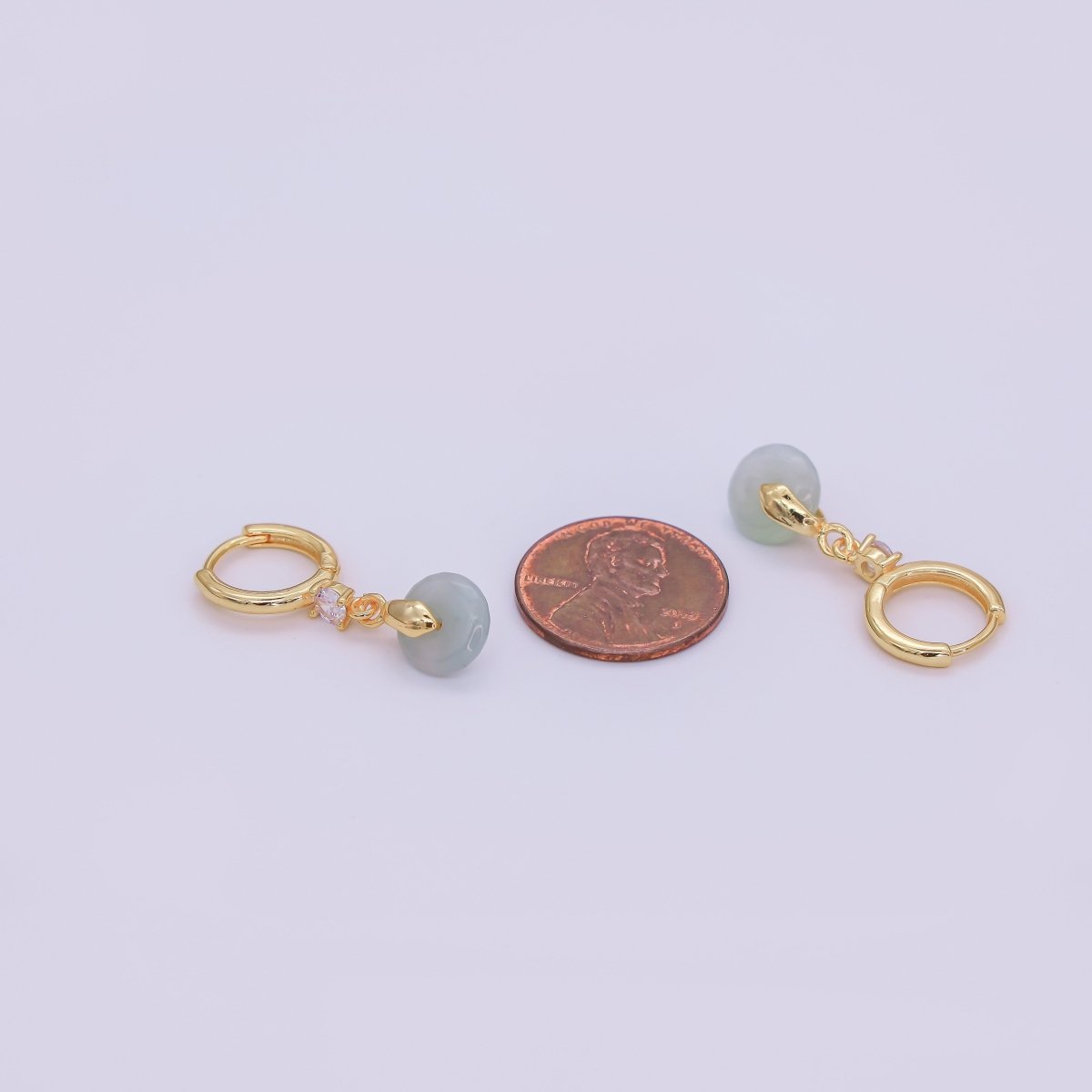 16K Gold Filled Green, White Jade Donut Round Drop Clear CZ Huggie Earrings | AE633 AE652