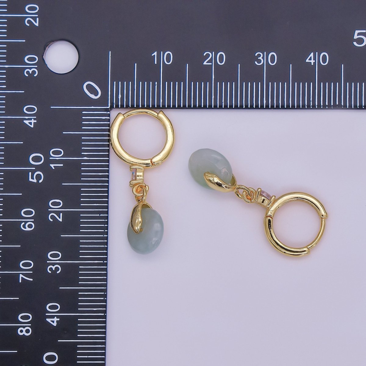16K Gold Filled Green, White Jade Donut Round Drop Clear CZ Huggie Earrings | AE633 AE652