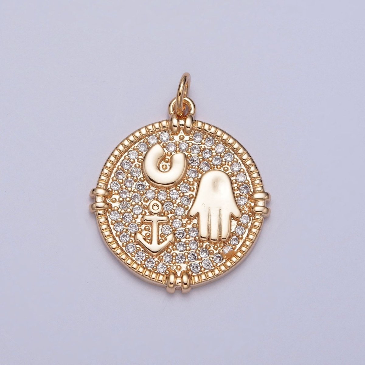 16K Gold Filled Hamsa Hand Horseshoe Anchor Micro Paved CZ Medallion Charm For Jewelry Making | X-260