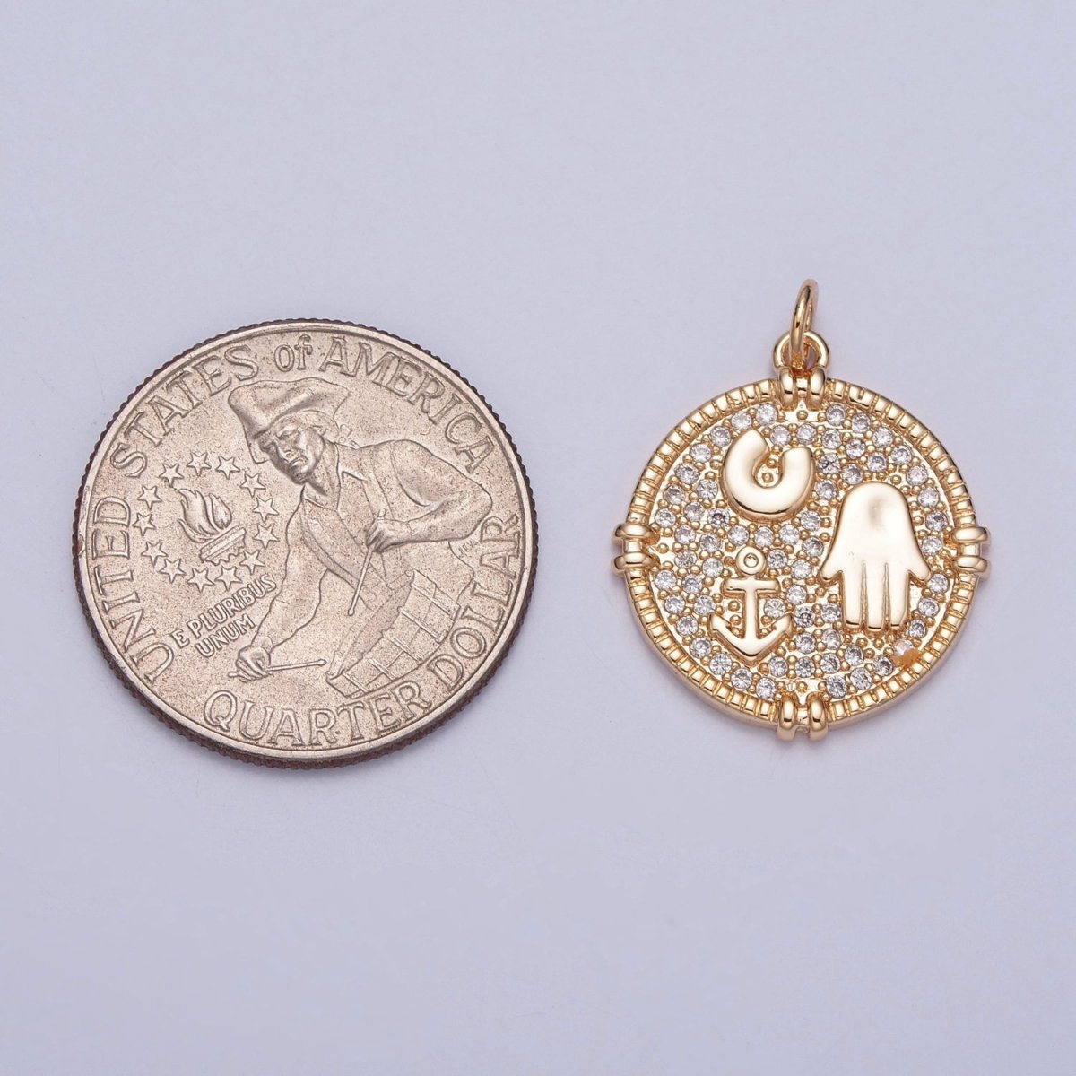 16K Gold Filled Hamsa Hand Horseshoe Anchor Micro Paved CZ Medallion Charm For Jewelry Making | X-260