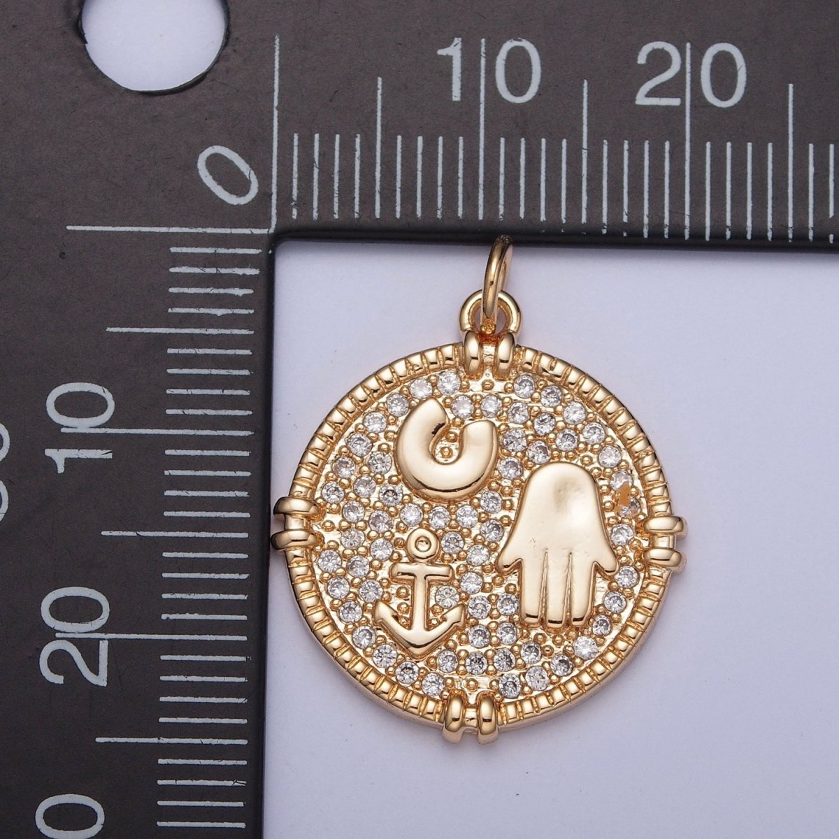 16K Gold Filled Hamsa Hand Horseshoe Anchor Micro Paved CZ Medallion Charm For Jewelry Making | X-260