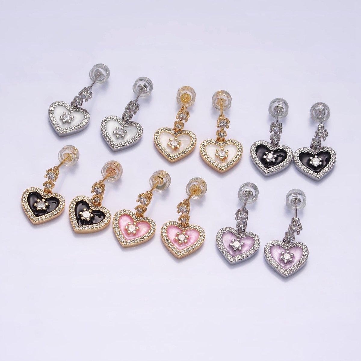 16K Gold Filled Heart Micro Paved White, Pink, Black Enamel Drop Double CZ Stud Earrings in Gold & Silver | AD1286 AD1294 AD1297 AD1301 AD1313 AD1315