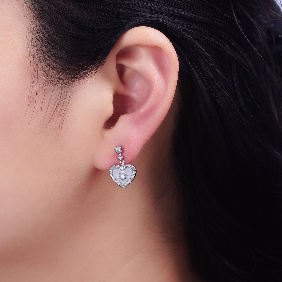 16K Gold Filled Heart Micro Paved White, Pink, Black Enamel Drop Double CZ Stud Earrings in Gold & Silver | AD1286 AD1294 AD1297 AD1301 AD1313 AD1315