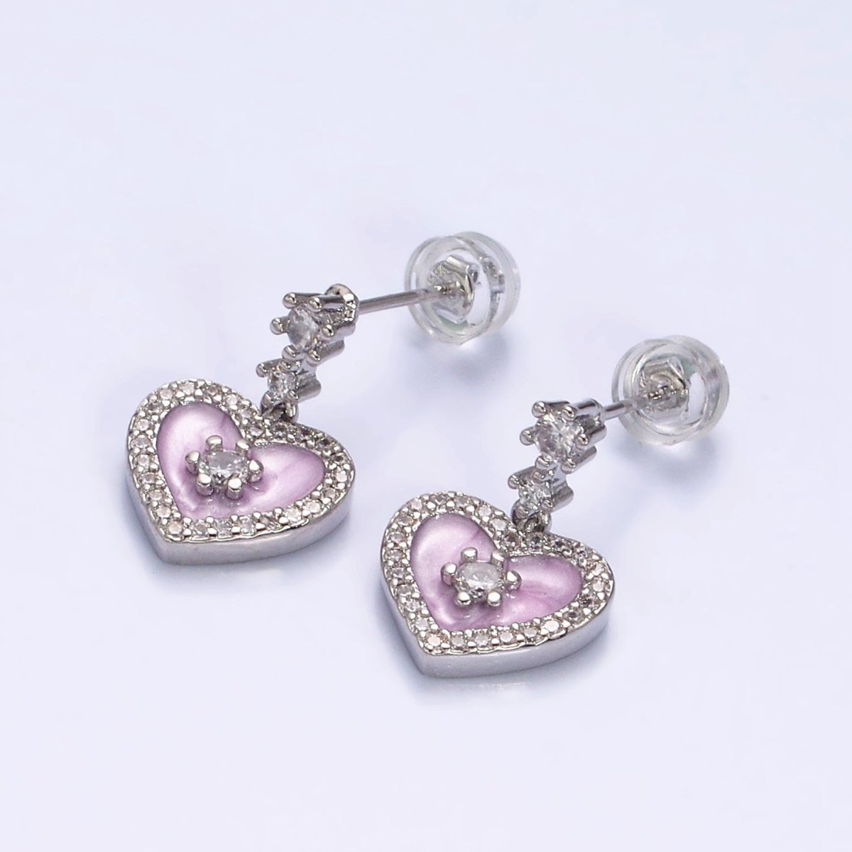 16K Gold Filled Heart Micro Paved White, Pink, Black Enamel Drop Double CZ Stud Earrings in Gold & Silver | AD1286 AD1294 AD1297 AD1301 AD1313 AD1315