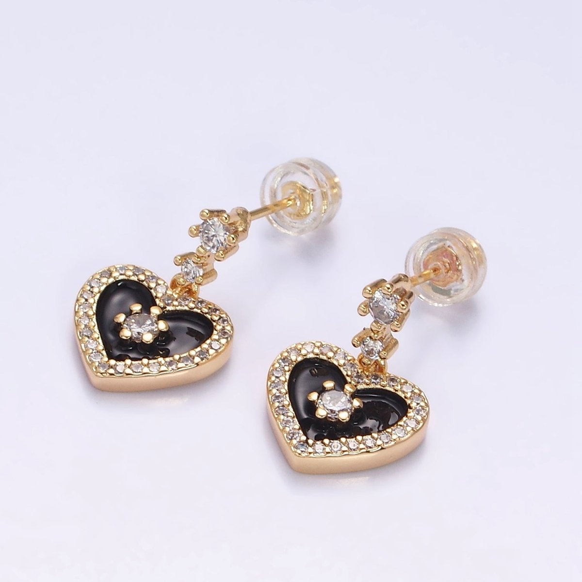 16K Gold Filled Heart Micro Paved White, Pink, Black Enamel Drop Double CZ Stud Earrings in Gold & Silver | AD1286 AD1294 AD1297 AD1301 AD1313 AD1315