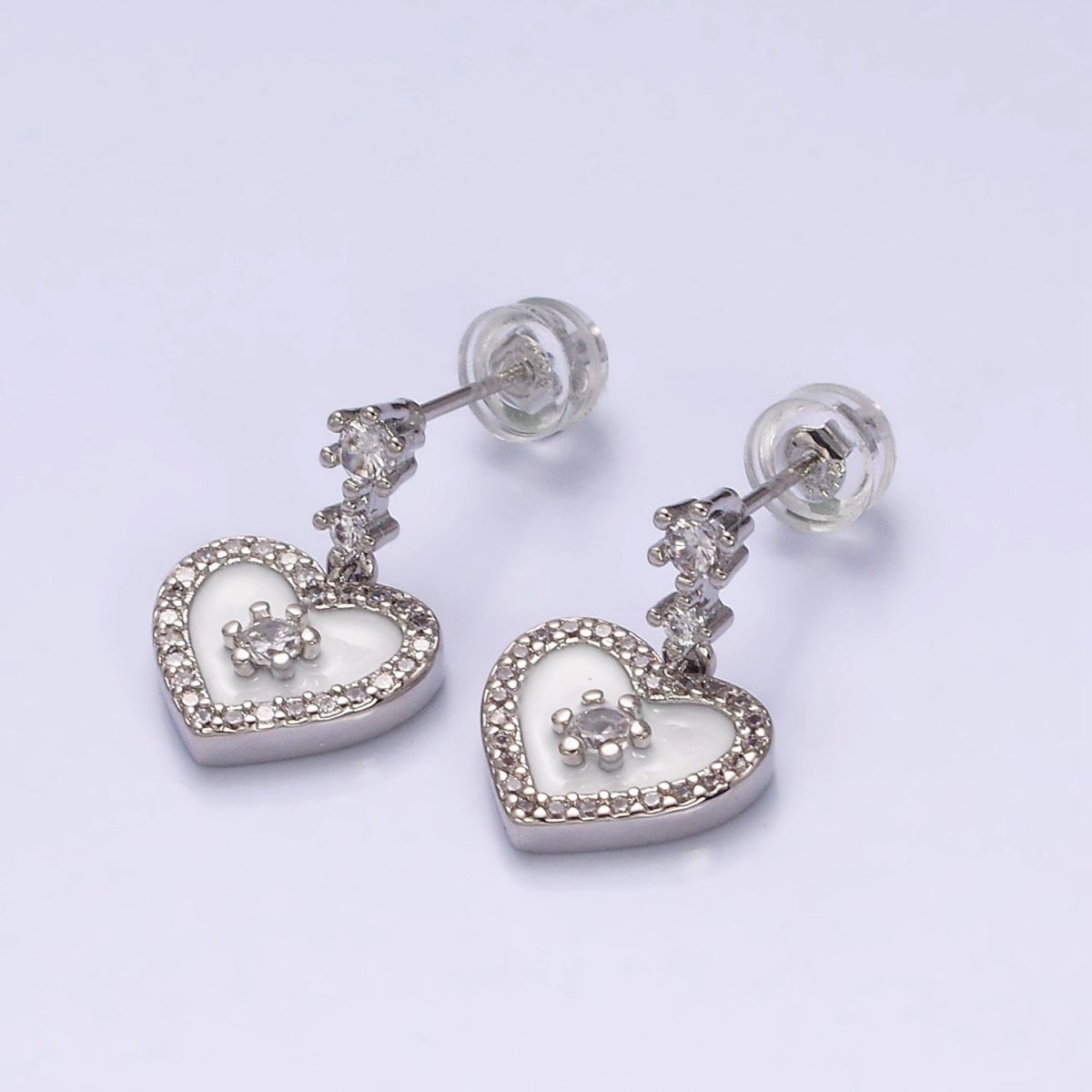 16K Gold Filled Heart Micro Paved White, Pink, Black Enamel Drop Double CZ Stud Earrings in Gold & Silver | AD1286 AD1294 AD1297 AD1301 AD1313 AD1315