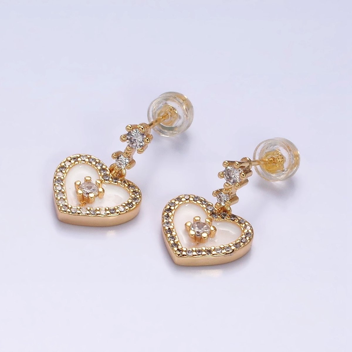 16K Gold Filled Heart Micro Paved White, Pink, Black Enamel Drop Double CZ Stud Earrings in Gold & Silver | AD1286 AD1294 AD1297 AD1301 AD1313 AD1315