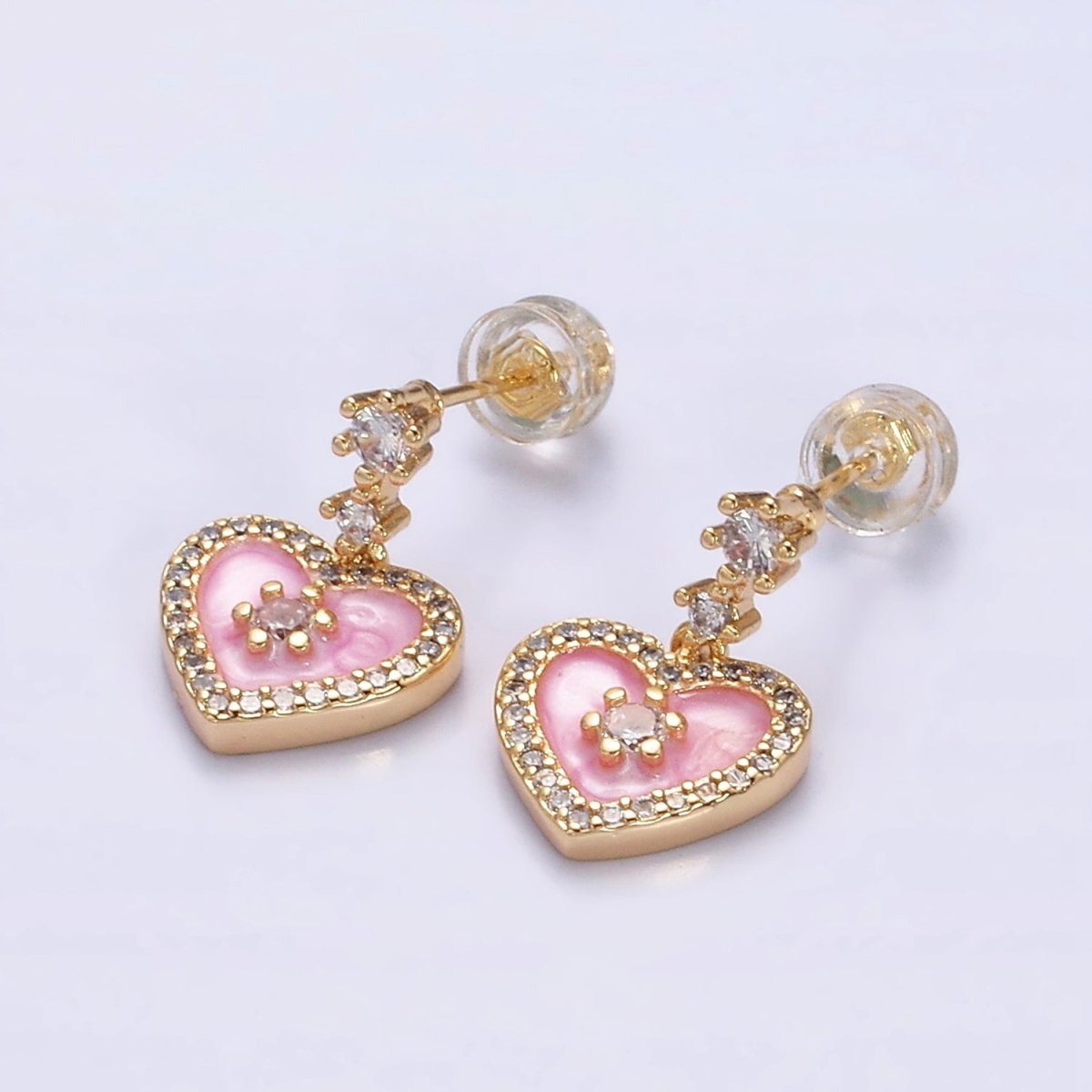 16K Gold Filled Heart Micro Paved White, Pink, Black Enamel Drop Double CZ Stud Earrings in Gold & Silver | AD1286 AD1294 AD1297 AD1301 AD1313 AD1315