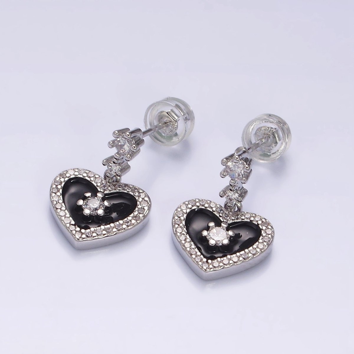 16K Gold Filled Heart Micro Paved White, Pink, Black Enamel Drop Double CZ Stud Earrings in Gold & Silver | AD1286 AD1294 AD1297 AD1301 AD1313 AD1315