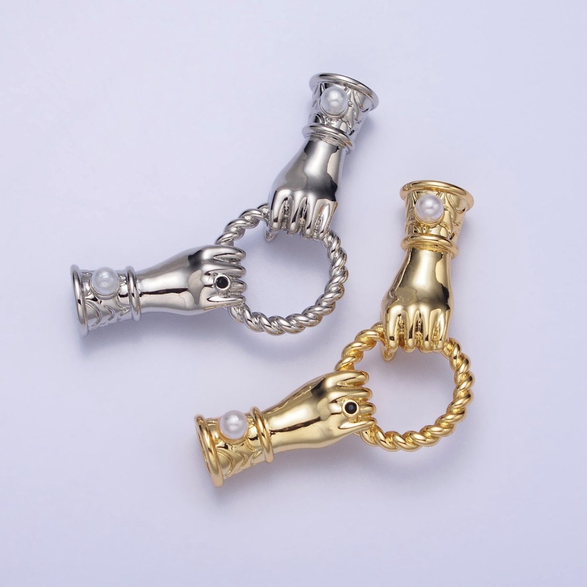 16K Gold Filled Holding Hand Gesture Pearl Cuff Sleeve Twisted Connector in Silver & Gold | Y-823