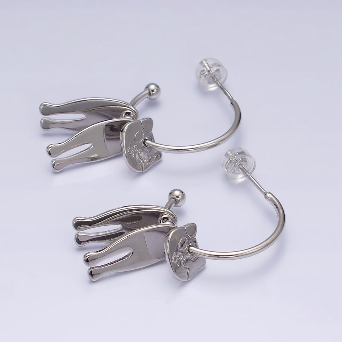 16K Gold Filled Kitty Cat Pet Triple Silhouette Dangle Drop C-Shaped Hoop Earrings in Gold & Silver | AD-313 AD-314