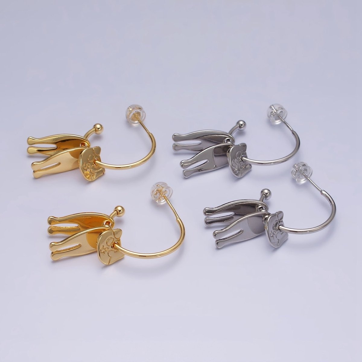 16K Gold Filled Kitty Cat Pet Triple Silhouette Dangle Drop C-Shaped Hoop Earrings in Gold & Silver | AD-313 AD-314