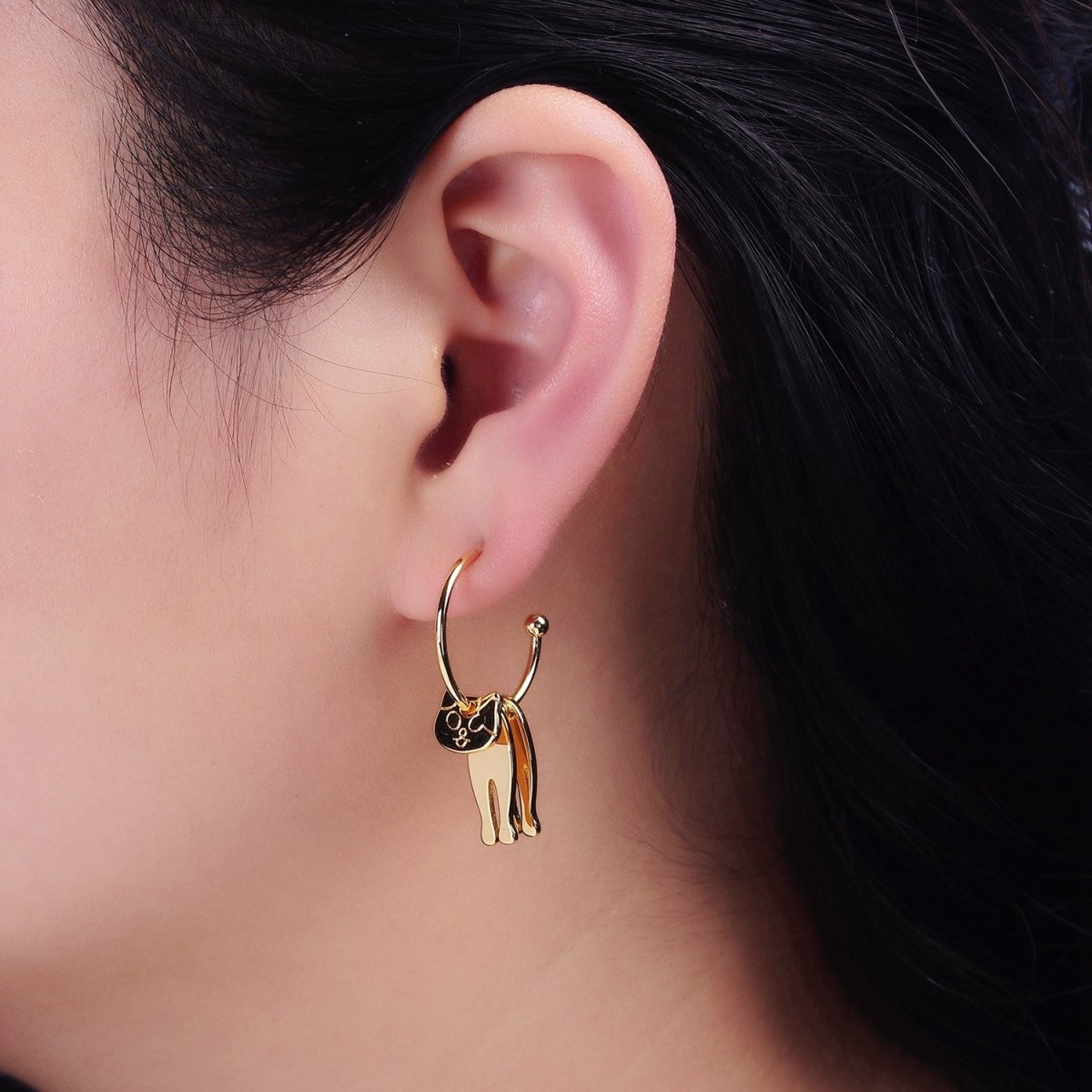 16K Gold Filled Kitty Cat Pet Triple Silhouette Dangle Drop C-Shaped Hoop Earrings in Gold & Silver | AD-313 AD-314