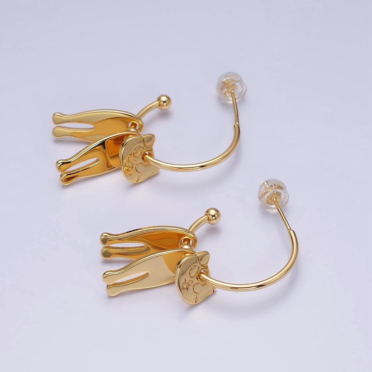 16K Gold Filled Kitty Cat Pet Triple Silhouette Dangle Drop C-Shaped Hoop Earrings in Gold & Silver | AD-313 AD-314