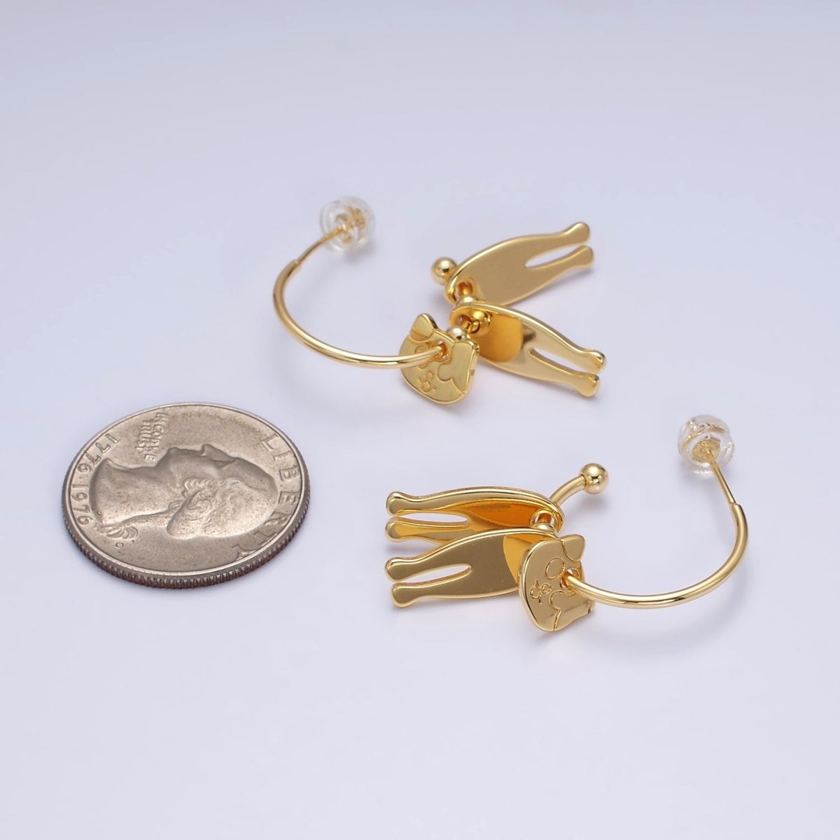 16K Gold Filled Kitty Cat Pet Triple Silhouette Dangle Drop C-Shaped Hoop Earrings in Gold & Silver | AD-313 AD-314