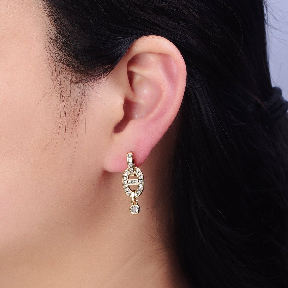 16K Gold Filled Mariner Anchor Link Micro Paved Clear CZ Drop Bar Stud Earrings in Gold & Silver | AD829 AD830