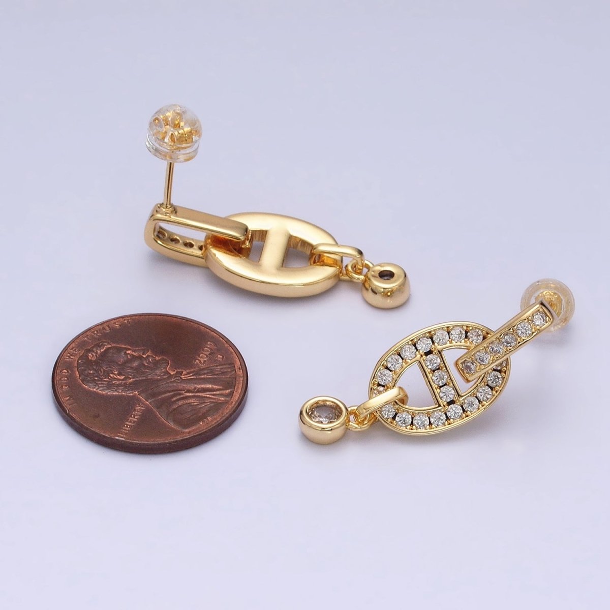 16K Gold Filled Mariner Anchor Link Micro Paved Clear CZ Drop Bar Stud Earrings in Gold & Silver | AD829 AD830