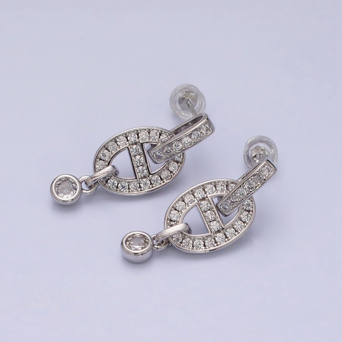 16K Gold Filled Mariner Anchor Link Micro Paved Clear CZ Drop Bar Stud Earrings in Gold & Silver | AD829 AD830